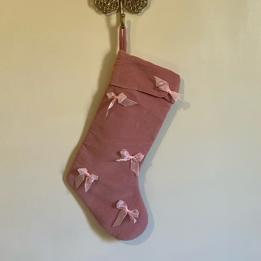 Shabby Chic Pink Velvet Christmas Stocking with Bows